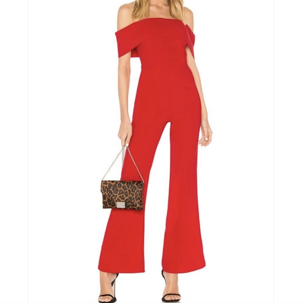 By The Way x Revolve Aubrey Red Off the Shoulder Drape One Piece Jumpsuit